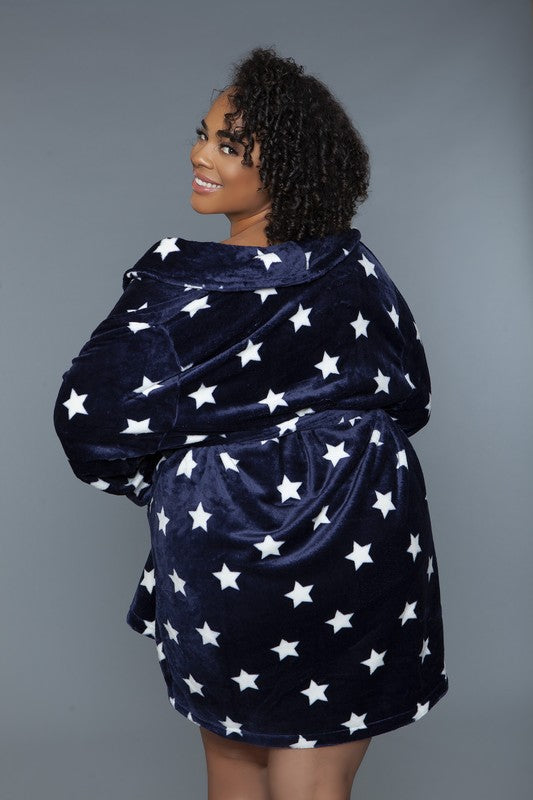 Navy star print robe, hood detail and tied belt at the waist; back view.