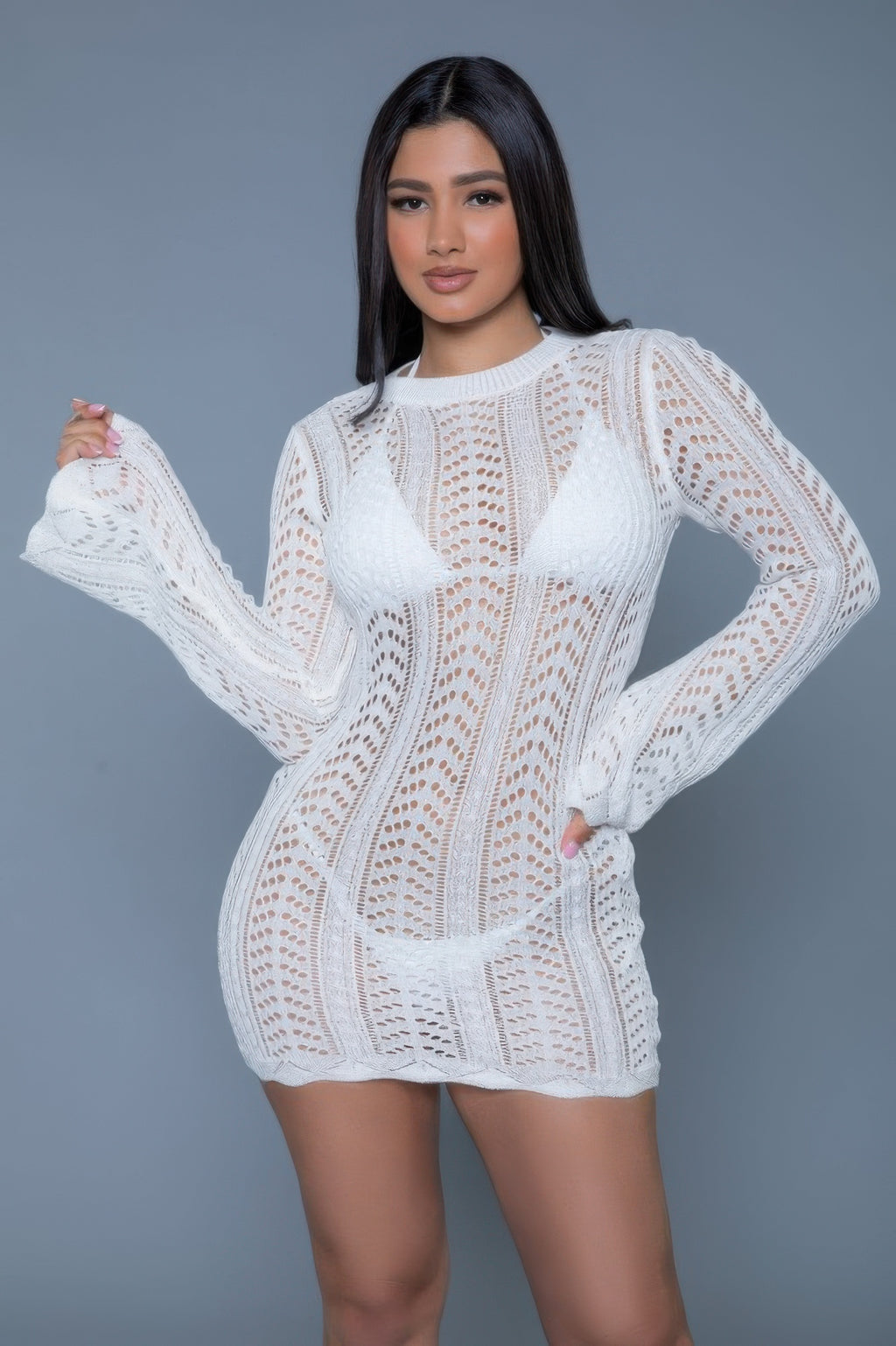 Kinsley Crochet Mini Dress blanco con franjas caladas verticales y manga larga
