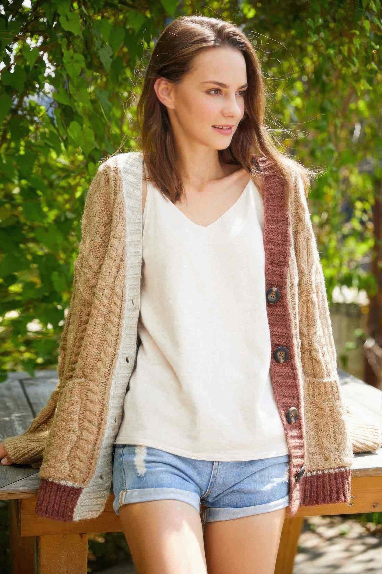 Knit color-block cardigan with button front, tan and mauve sleeves