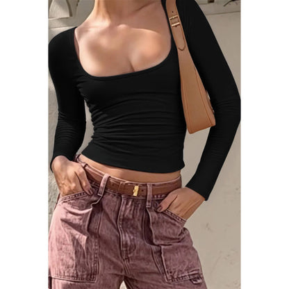 Knit Scoop Square Neck Long Sleeve Fit Shirt - Tigbul's Variety Fashion Shop