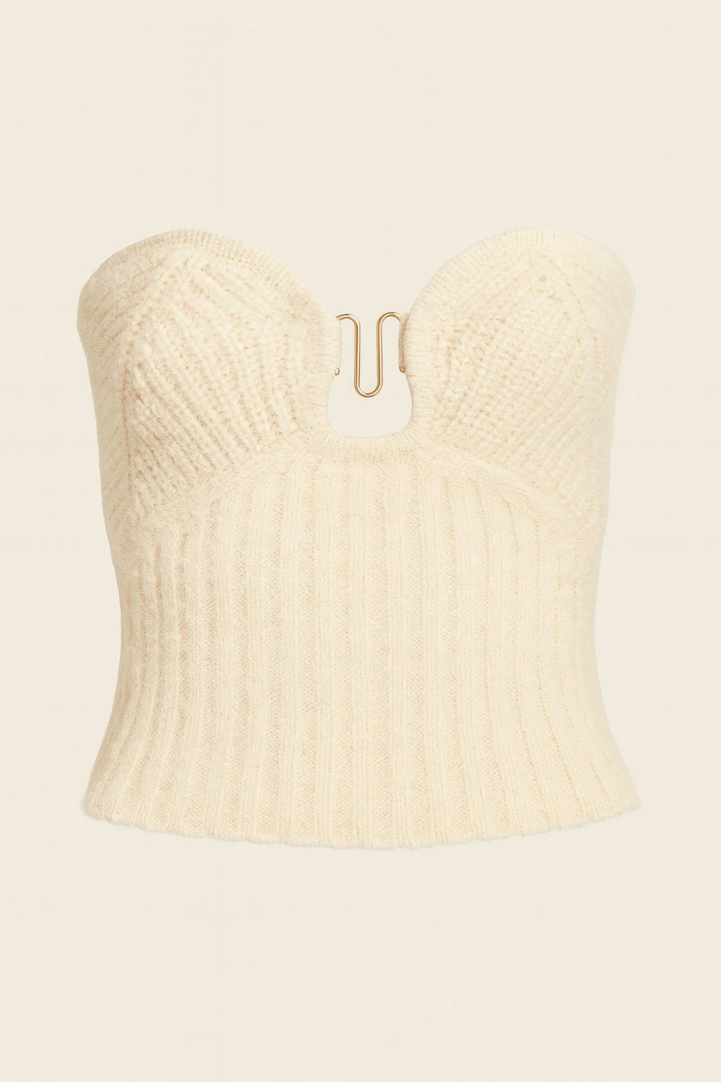 Cream knit tube top laid flat with sweetheart shape and U-ring front clasp