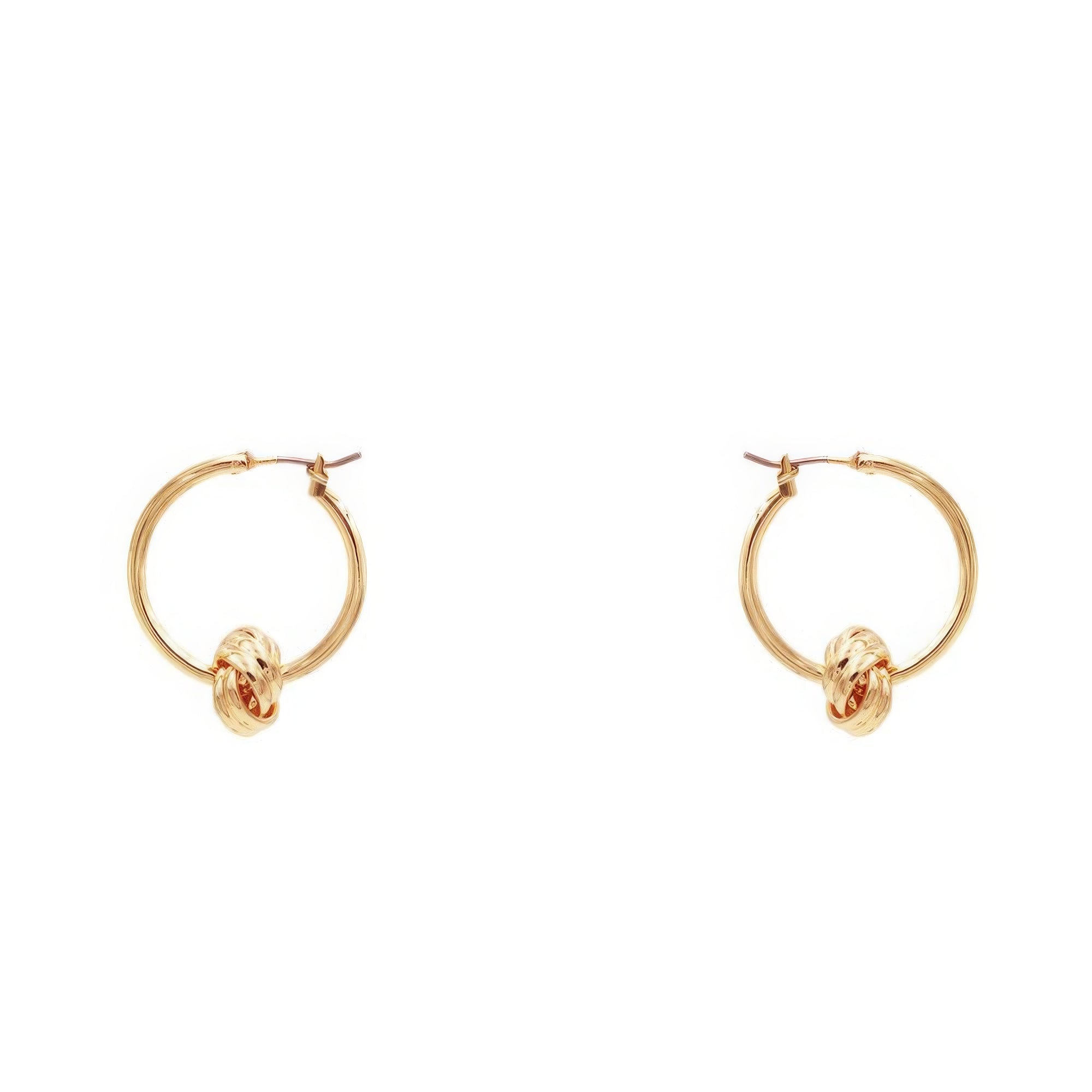 Gold knot hoop earring with twisted knot charm, hinged closure