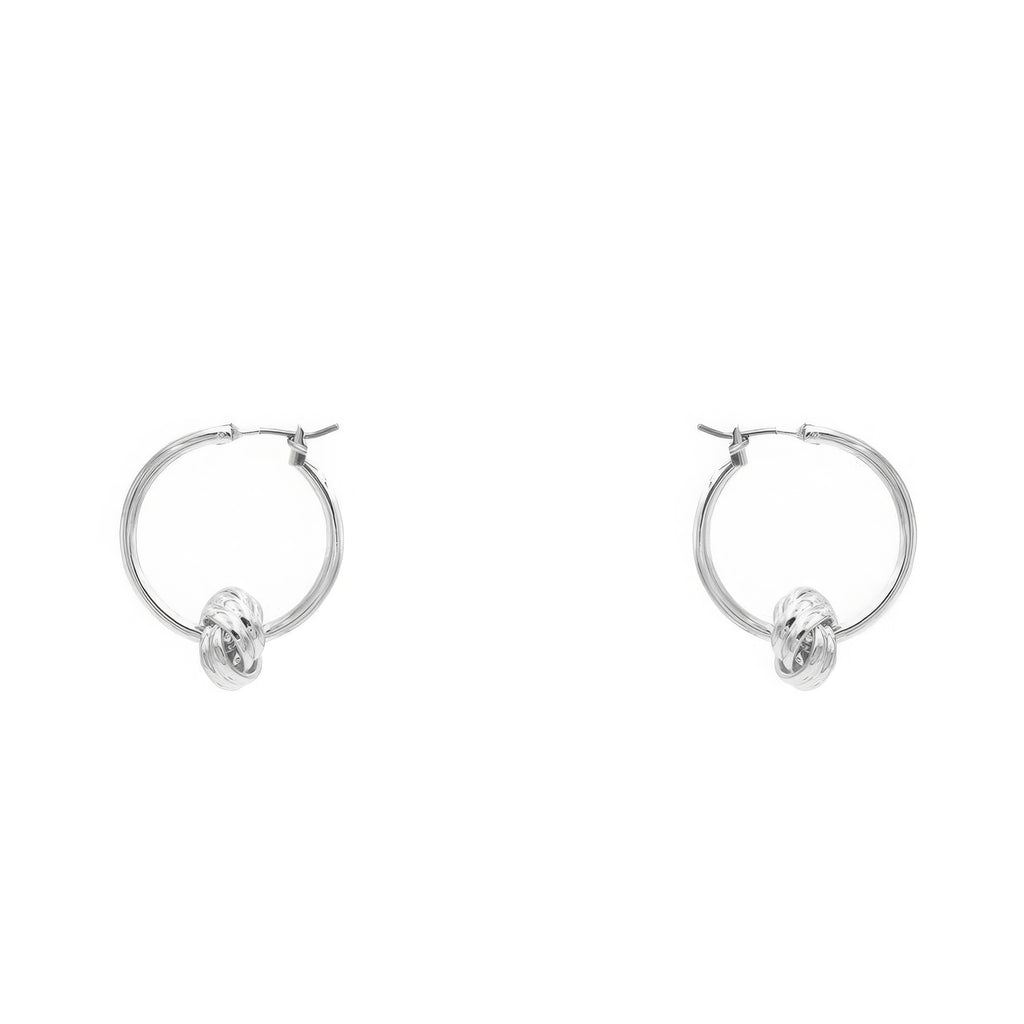 Rhodium knot hoop earring, round hoop with twisted knot detail