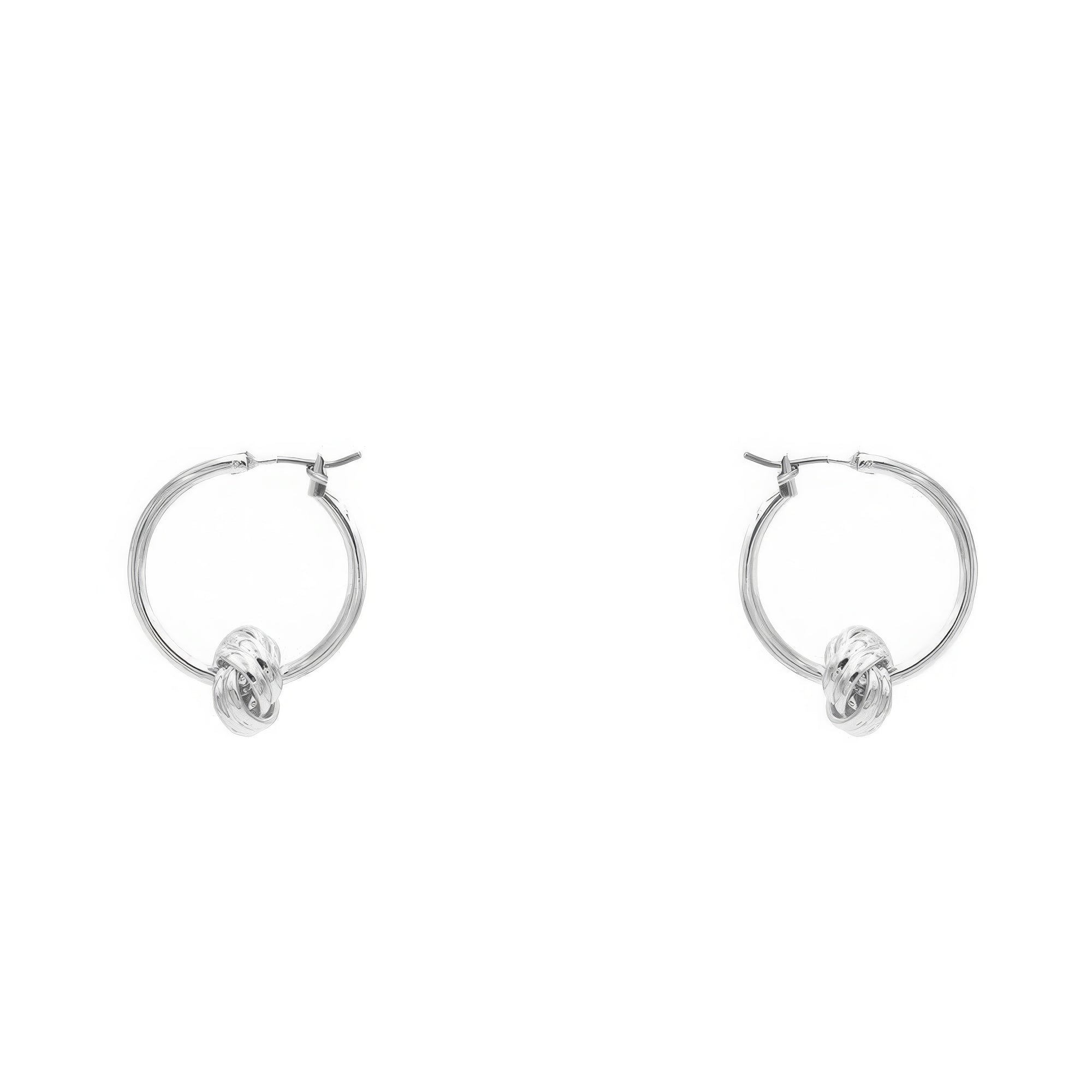 Rhodium knot hoop earring, round hoop with twisted knot detail