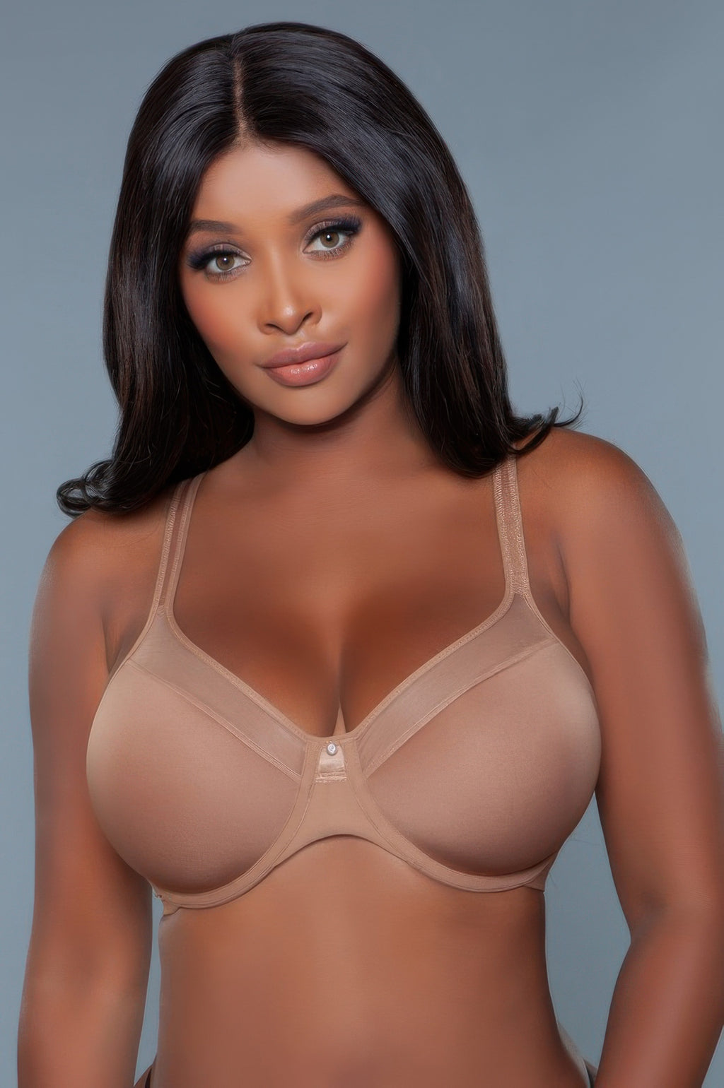 Kristy full coverage bra in nude, front view with underwire and adjustable straps