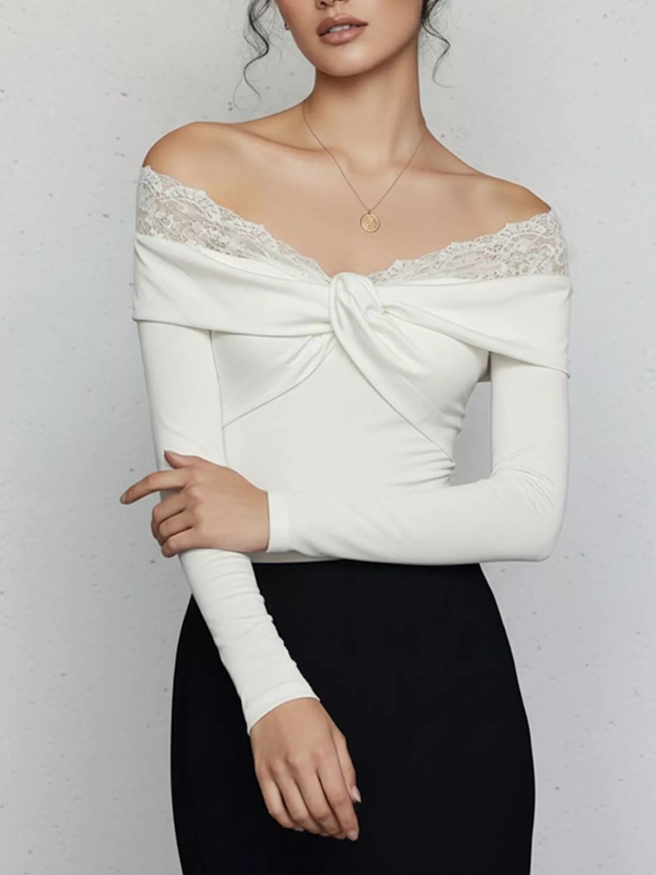 Lace Detail Off-Shoulder Long Sleeve Bodysuit - Tigbul's Variety Fashion Shop