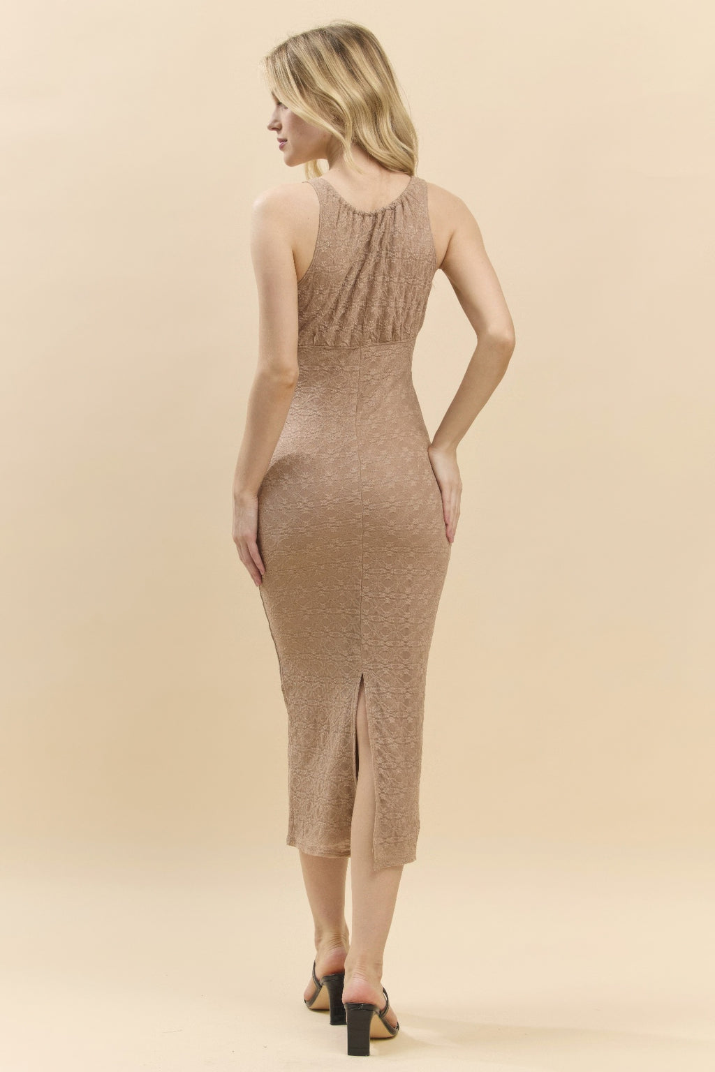 Side view of lace midi dress with front slit, sleeveless fitted taupe