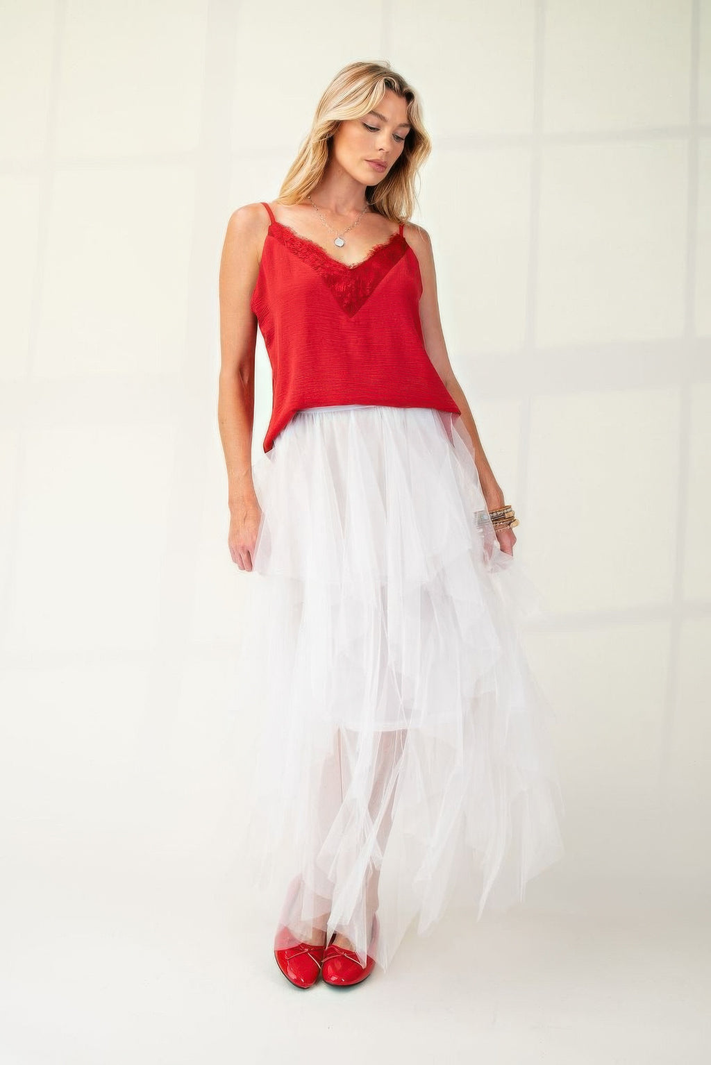 Berry lace camisole with V-neck, textured poly weave, thin spaghetti straps