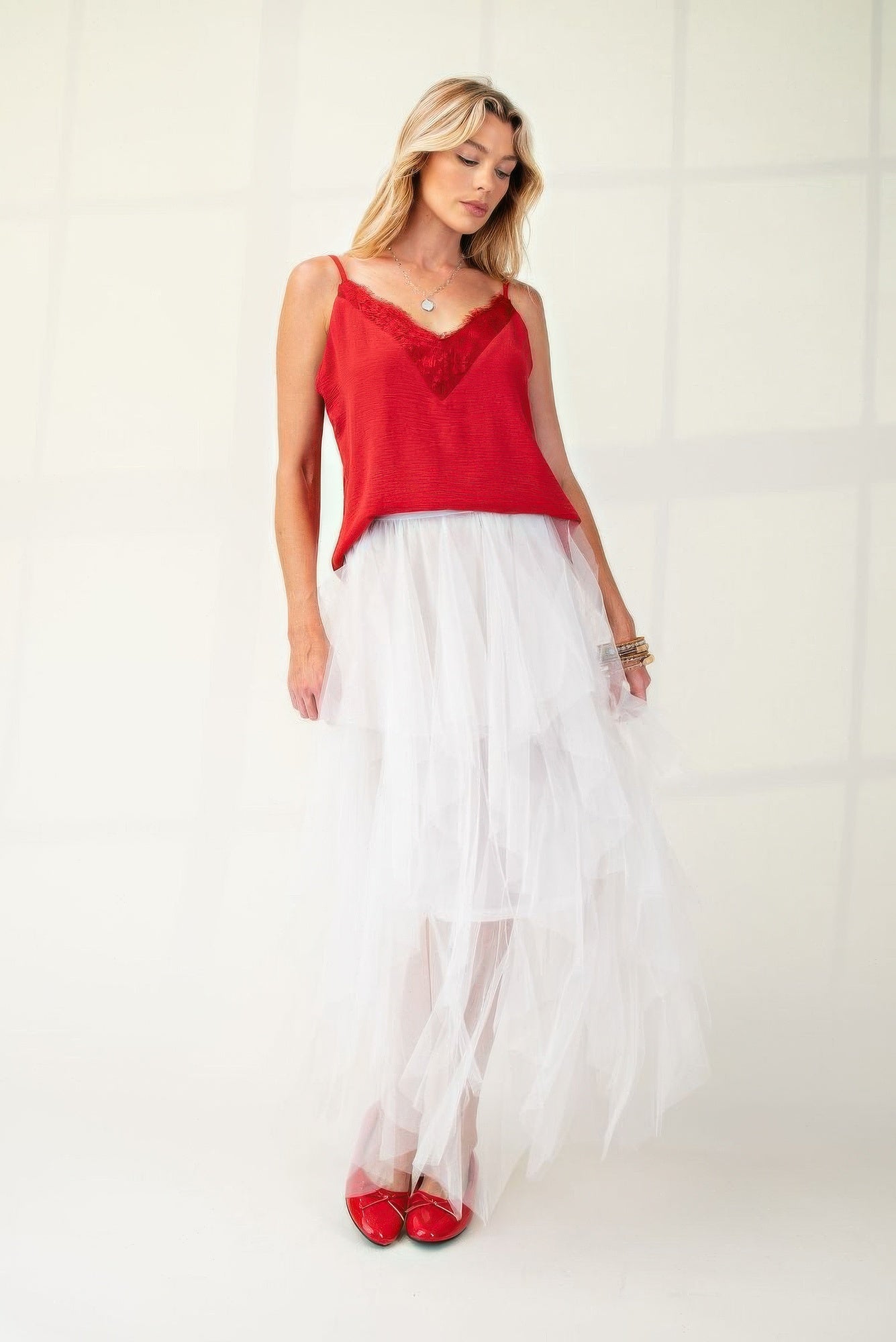 Berry lace camisole with V-neck, textured poly weave, thin spaghetti straps