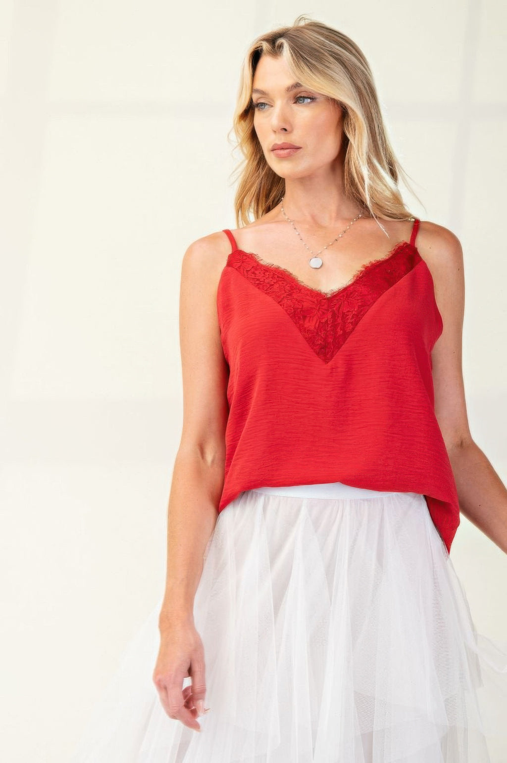 Berry textured camisole with lace V-neck panel and spaghetti straps