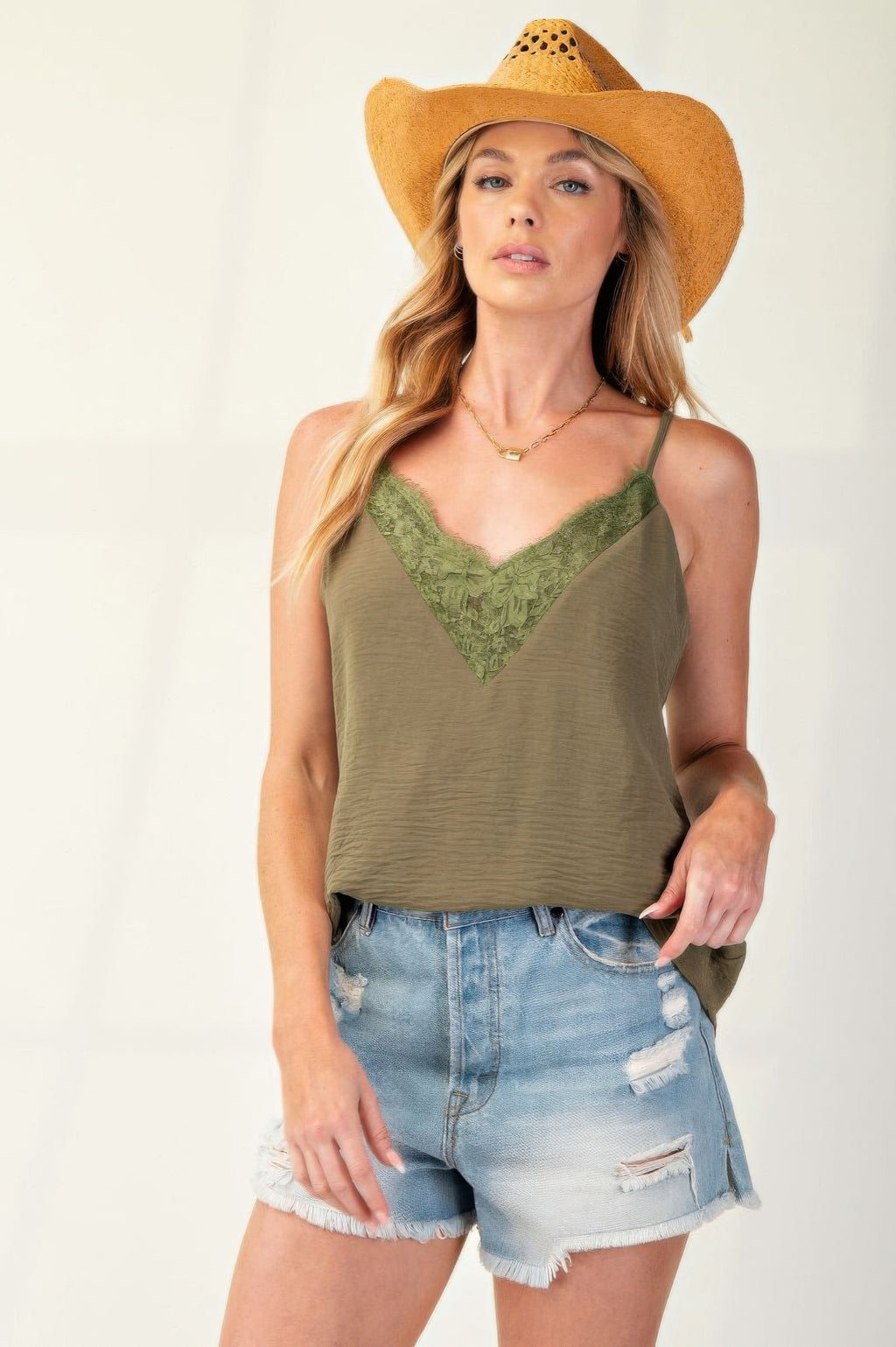 Olive textured camisole with lace V-neck panel and spaghetti straps