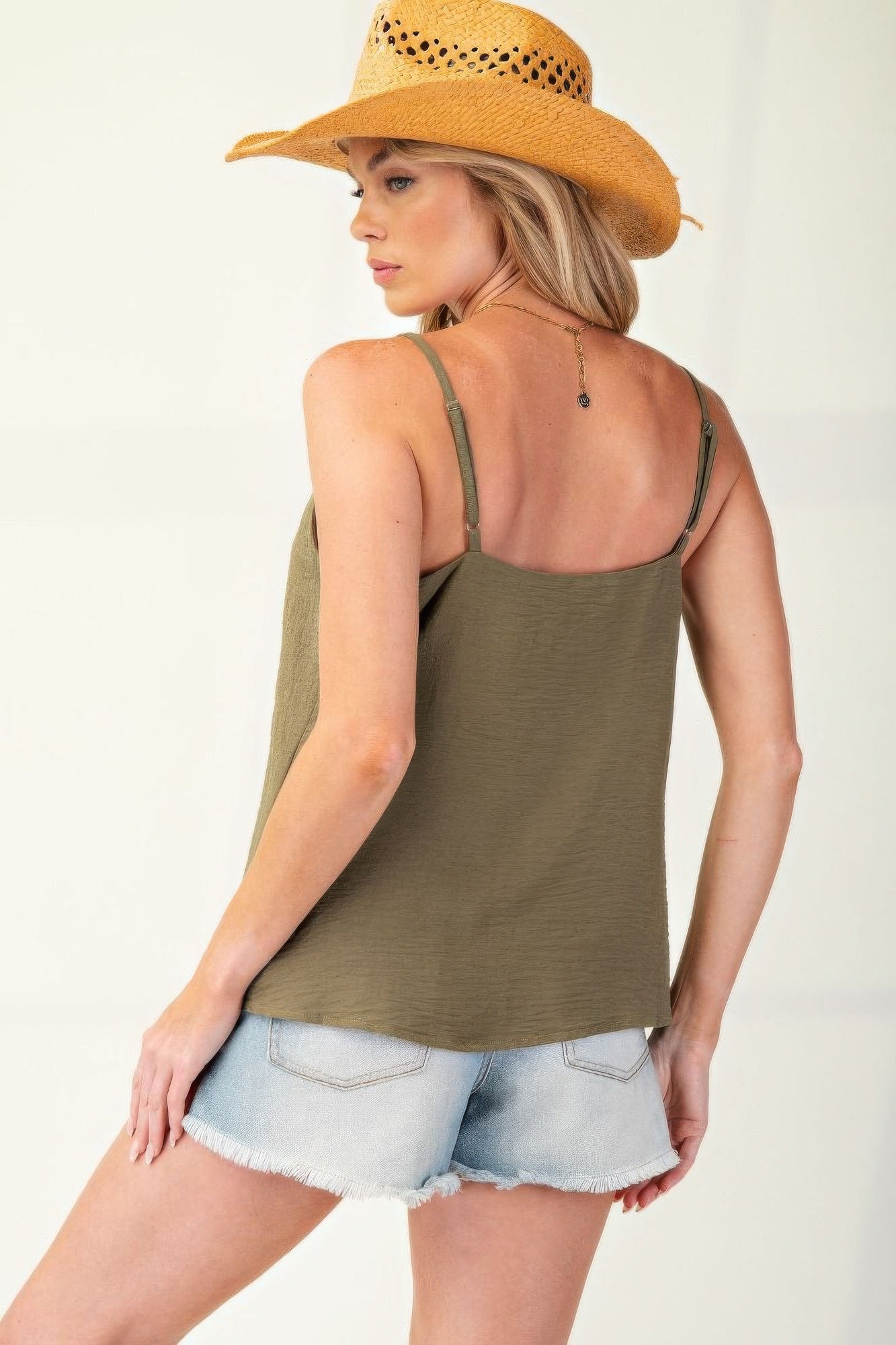 Back view: olive camisole with thin adjustable straps and textured poly weave
