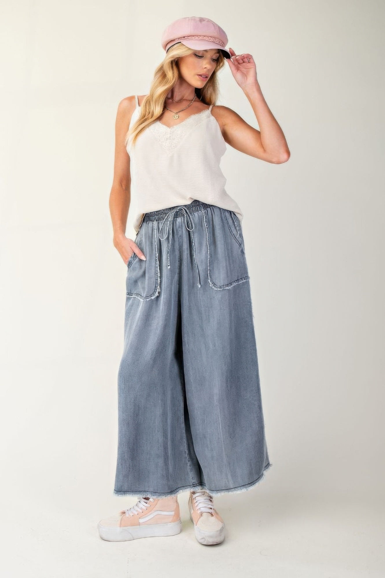 Textured cami with lace V-neck and thin straps, side view, ecru/off-white