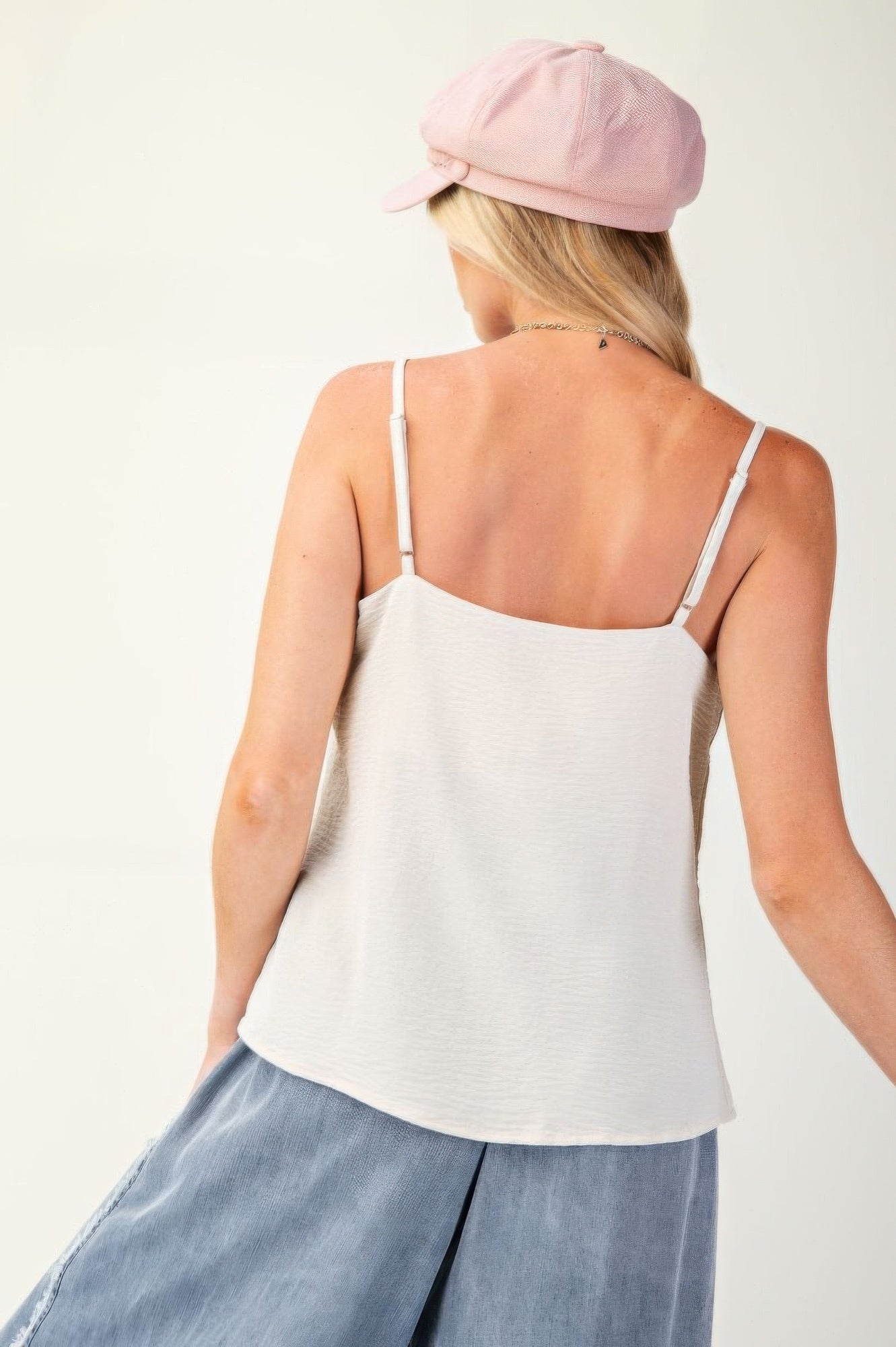 Back view: ecru lace-trim camisole with spaghetti straps