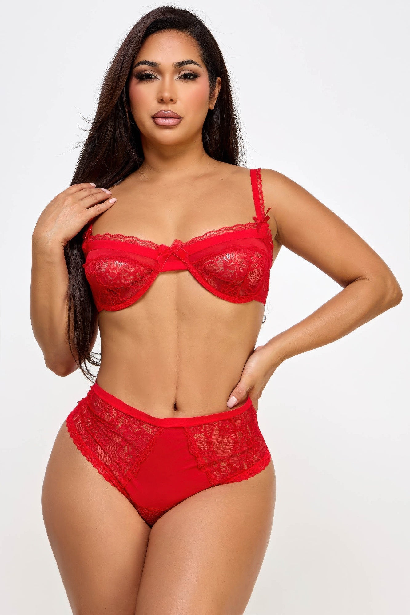 Lacey Loving Set red lace bra and high-waist briefs, front view