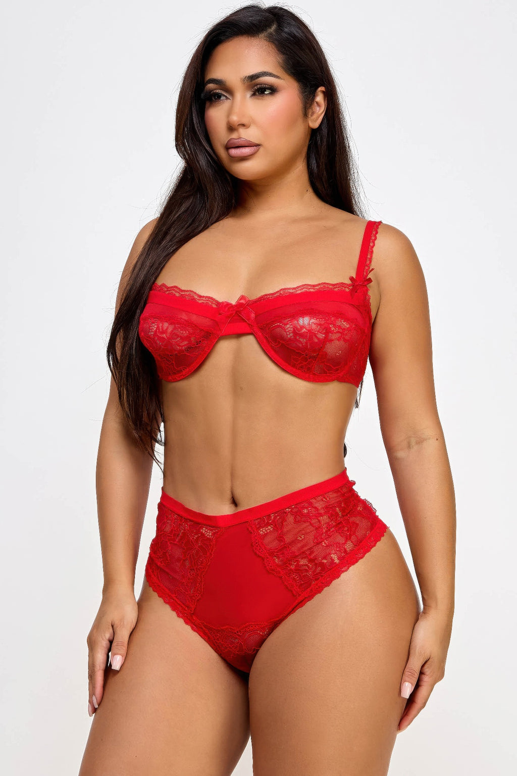 Lacey Loving Set red lace bra and high-waist briefs, side-front view