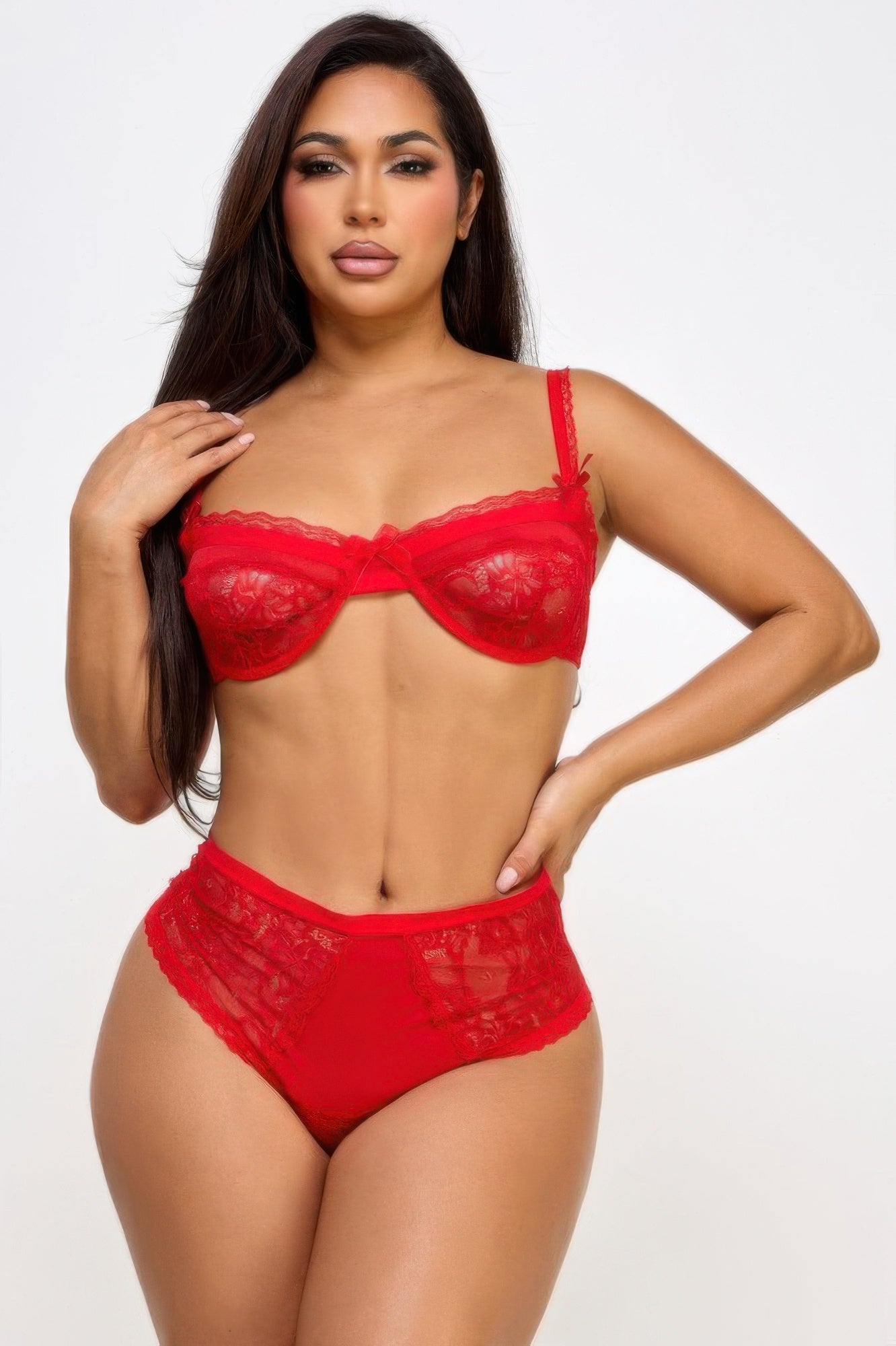 Rotes Spitzen-BH- und Slip-Set mit Bügel und kleinen Schleifendetails
