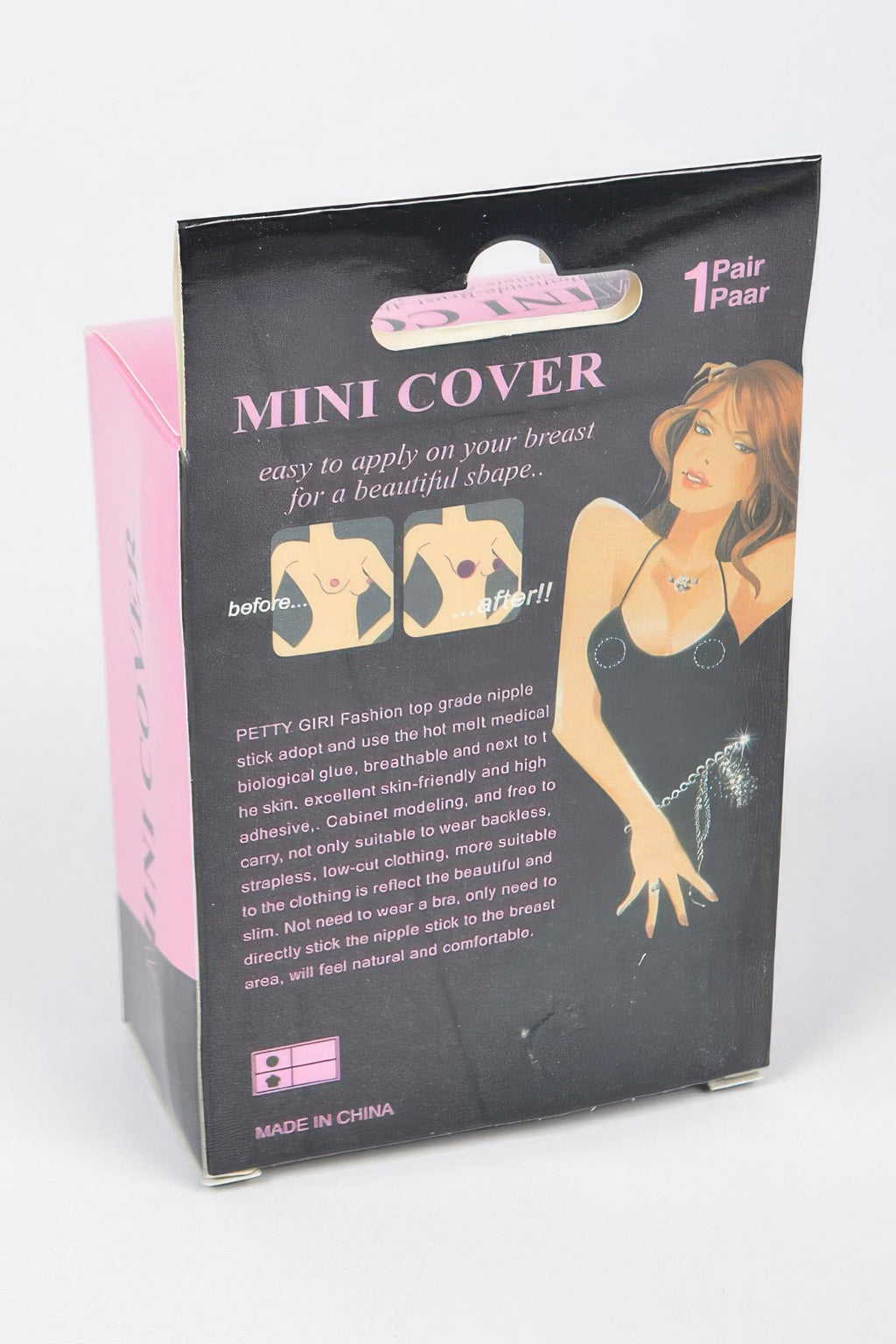 Back of mini nipple cover box with application and care instructions
