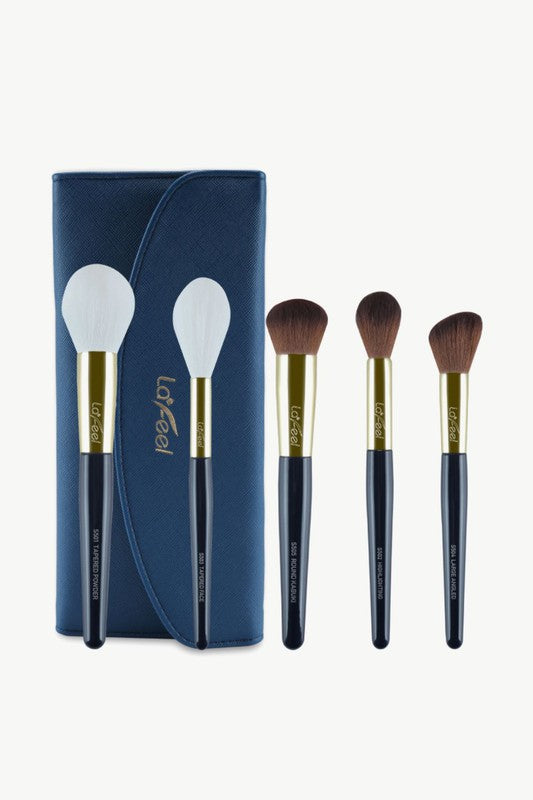 Brush set with blue pouch and five makeup brushes, black handles, gold ferrules