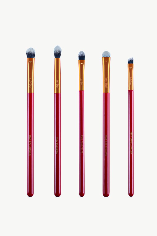 Red eye makeup brush set: five slender brushes with blue bristles and gold ferrules
