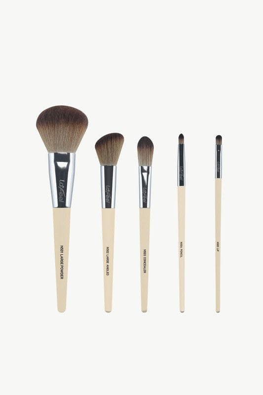 Taupe face & eye brush set, five tapered brushes; beige handles, brown bristles