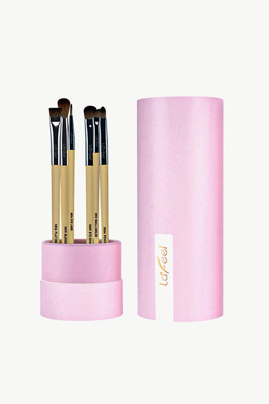 Lafeel full eye brush set with beige handles and pink cylindrical case