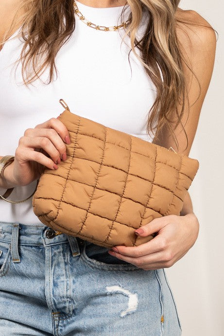 Lainey Quilted Puffer Clutch in tan, padded quilted look with metal zipper