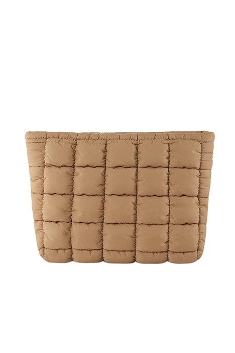 Buff quilted puffer clutch, rectangular shape with grid stitching