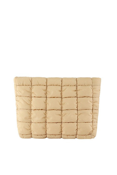 Cream quilted puffer clutch with stitched grid pattern and smooth top edge