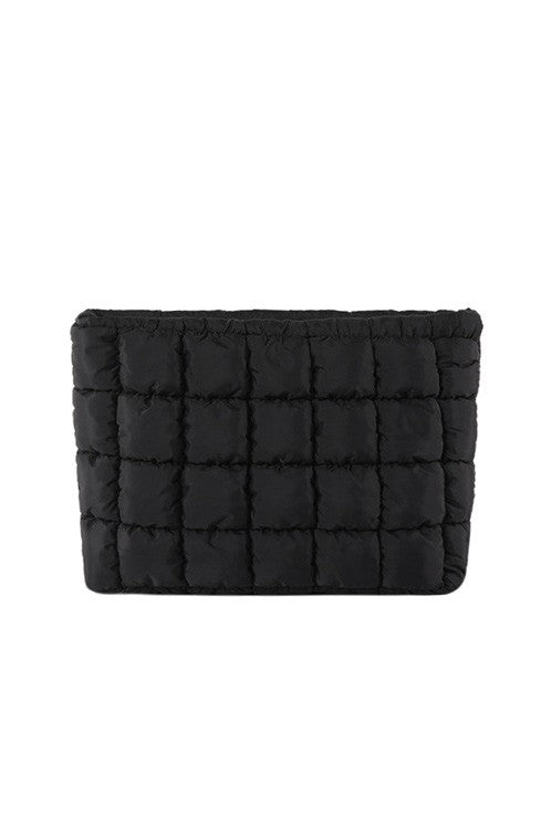 Black quilted puffer clutch, rectangular with stitched grid and padded body
