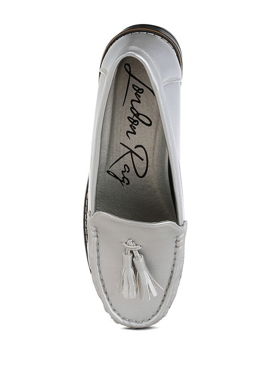 Silver metallic loafer insole with tassel charm detail