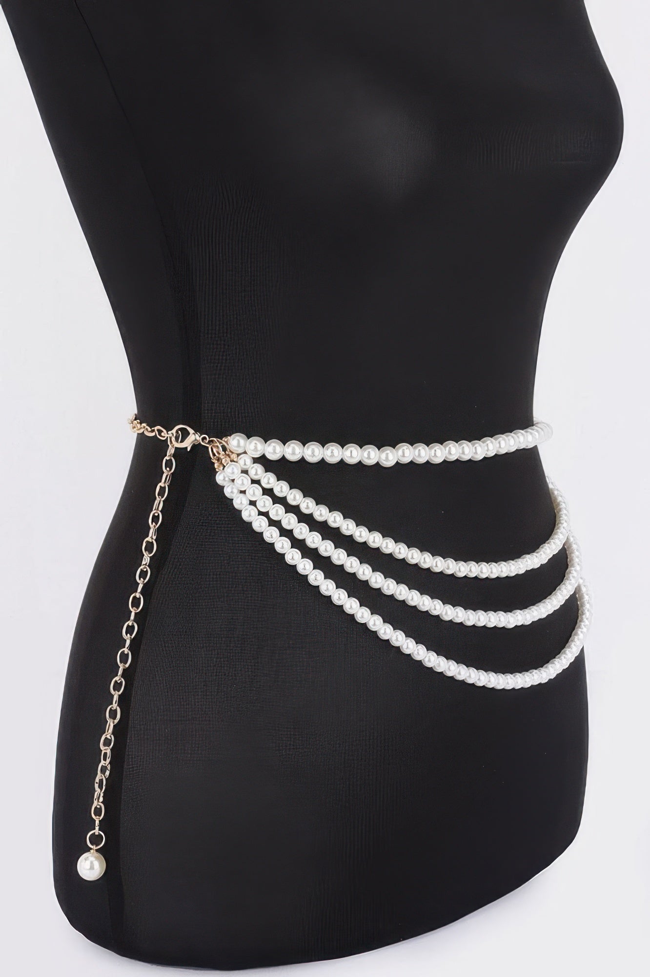 Black belt with faux pearl rows and dangling gold chain with pearl drop