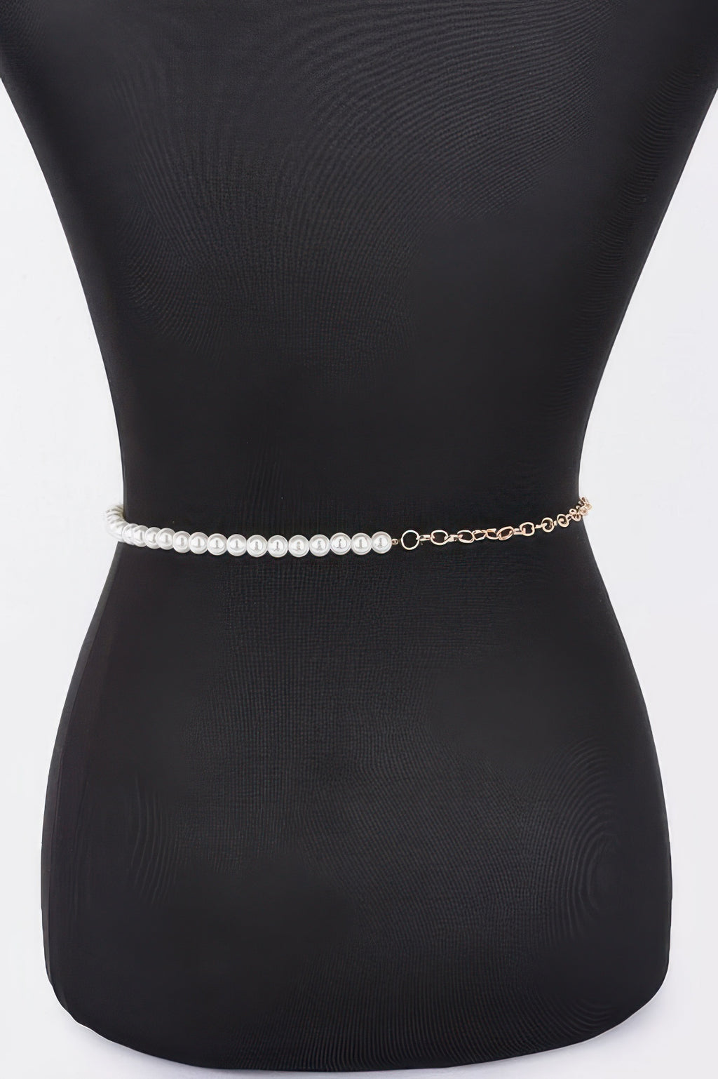 Black waist belt with faux pearl band and gold ring clasp