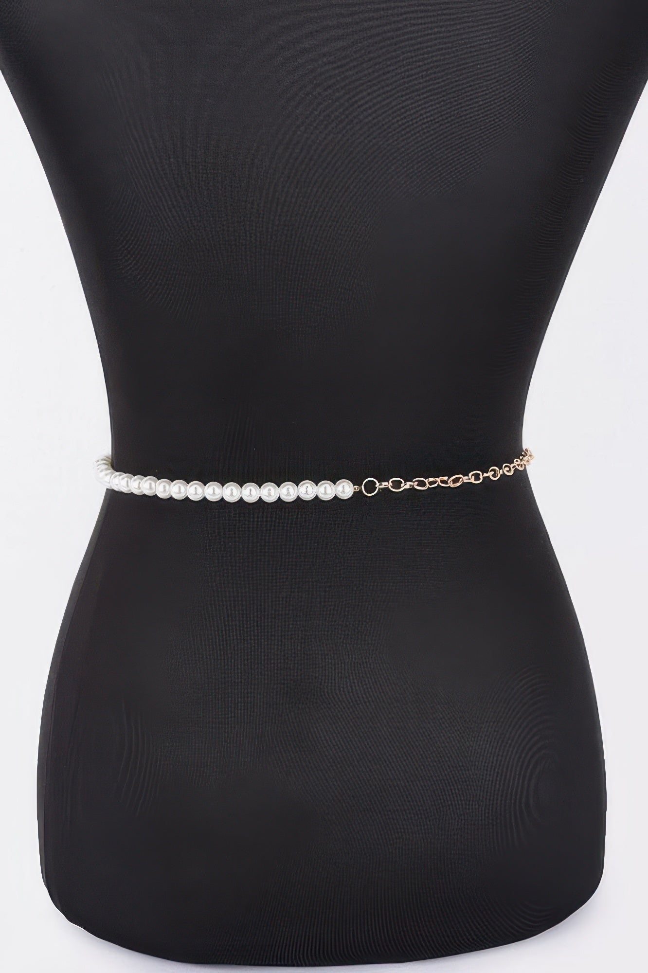 Black waist belt with faux pearl band and gold ring clasp