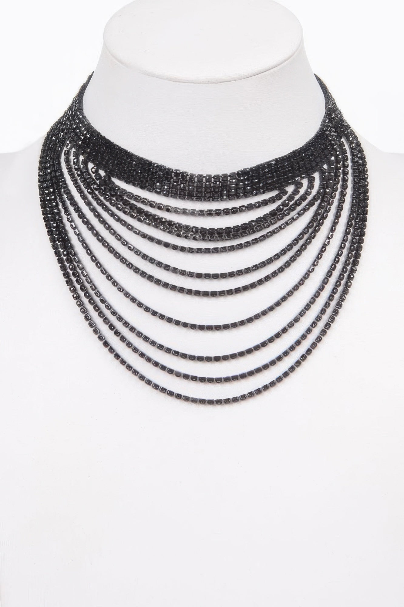 Layered rhinestone elegant necklace, black tone with multiple curved rows