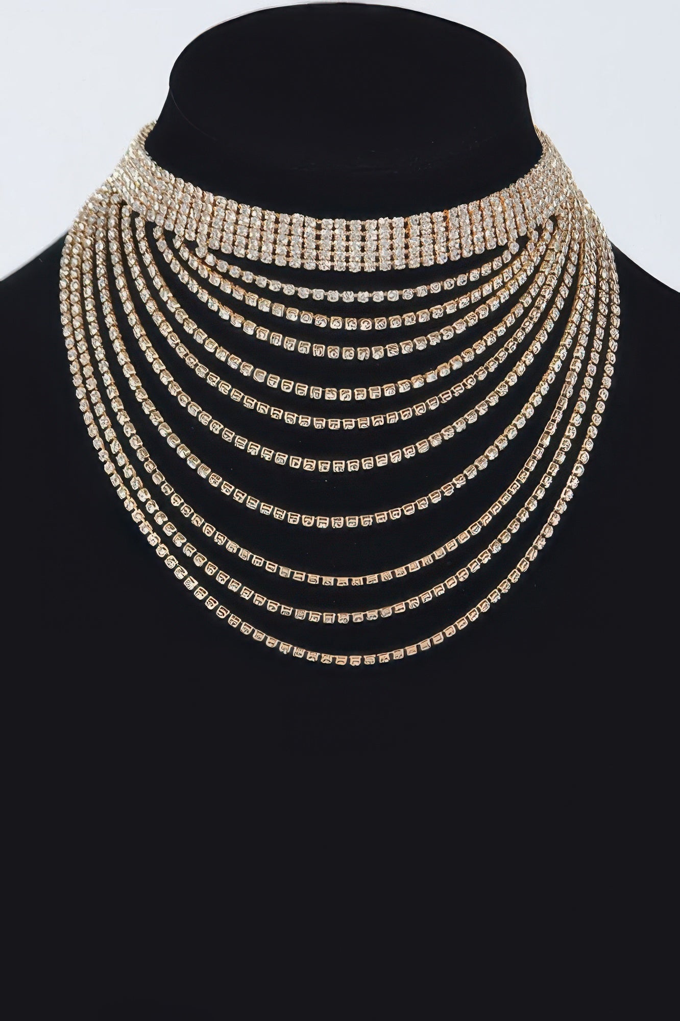 Layered rhinestone elegant necklace, gold tone with stacked curved sparkle rows