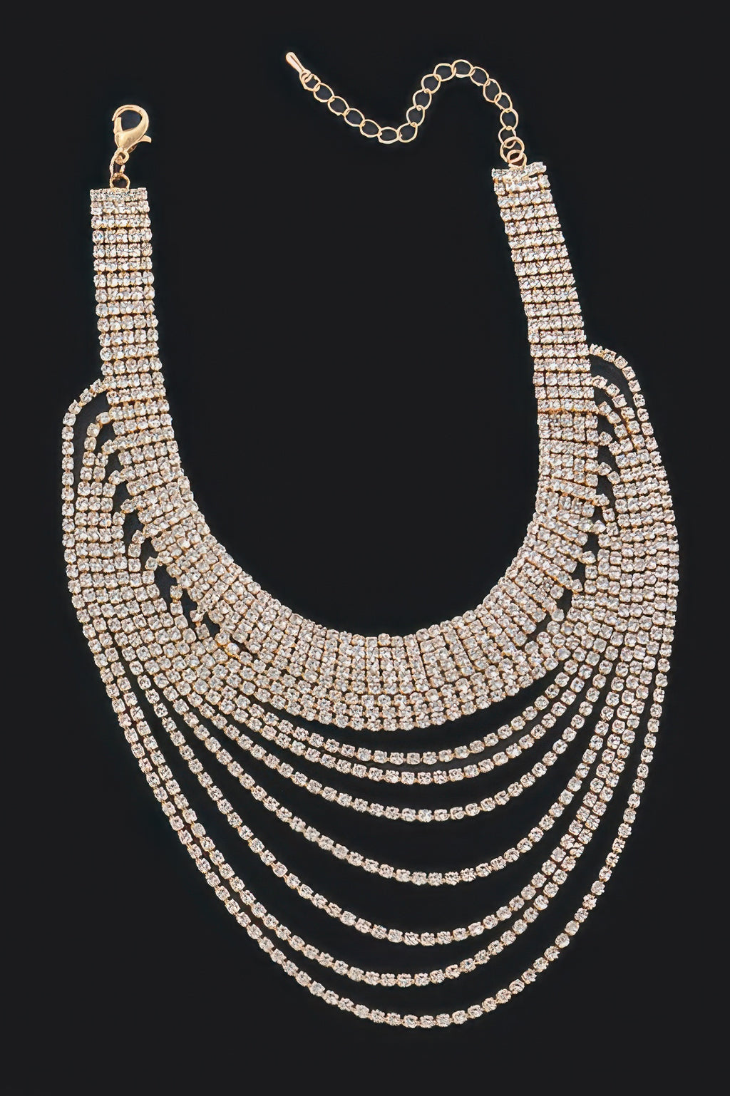 Layered rhinestone elegant necklace, champagne-gold tone U-shaped front with layered rows