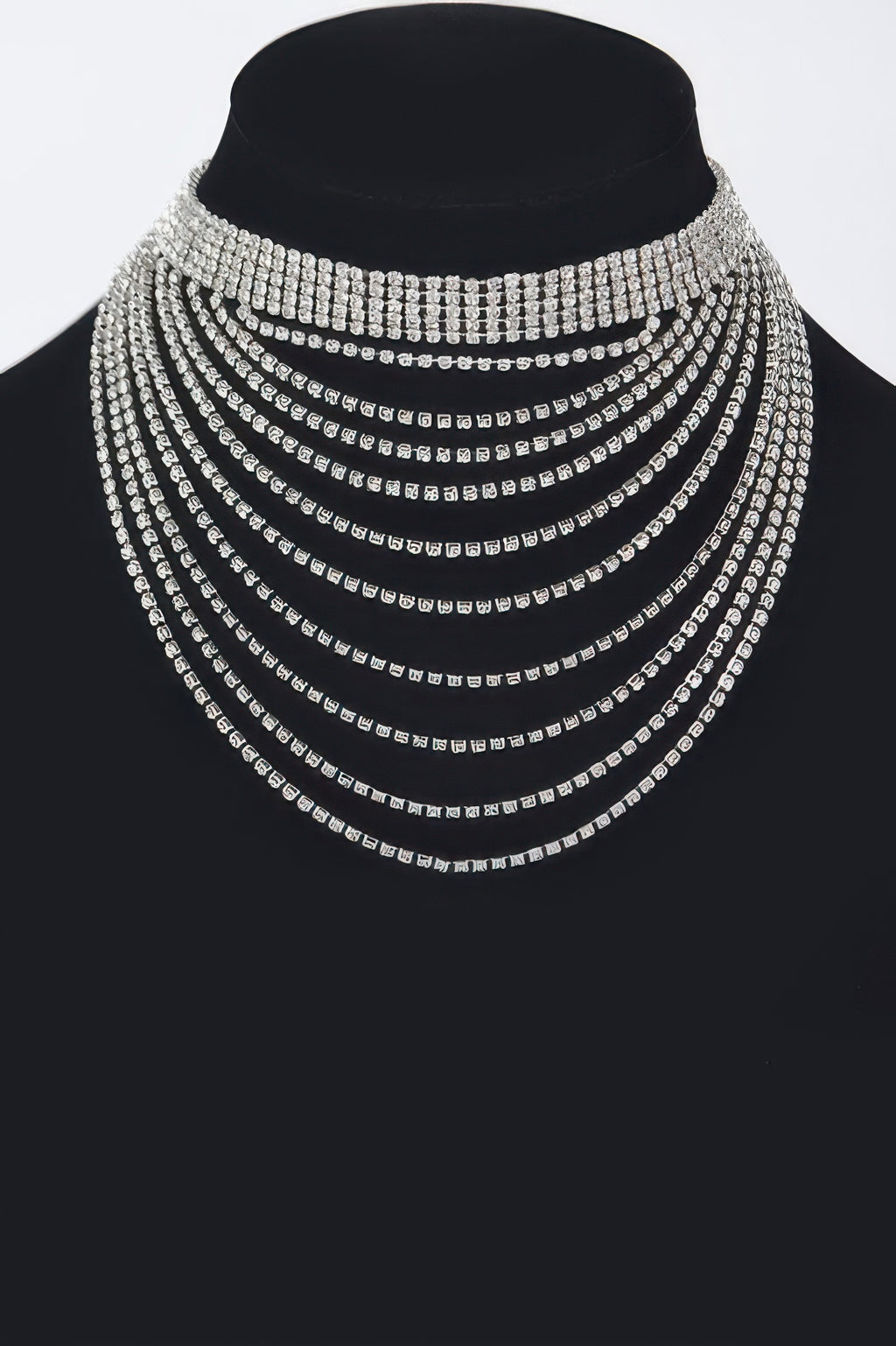 Layered rhinestone elegant necklace, silver tone with stacked curved rhinestone rows