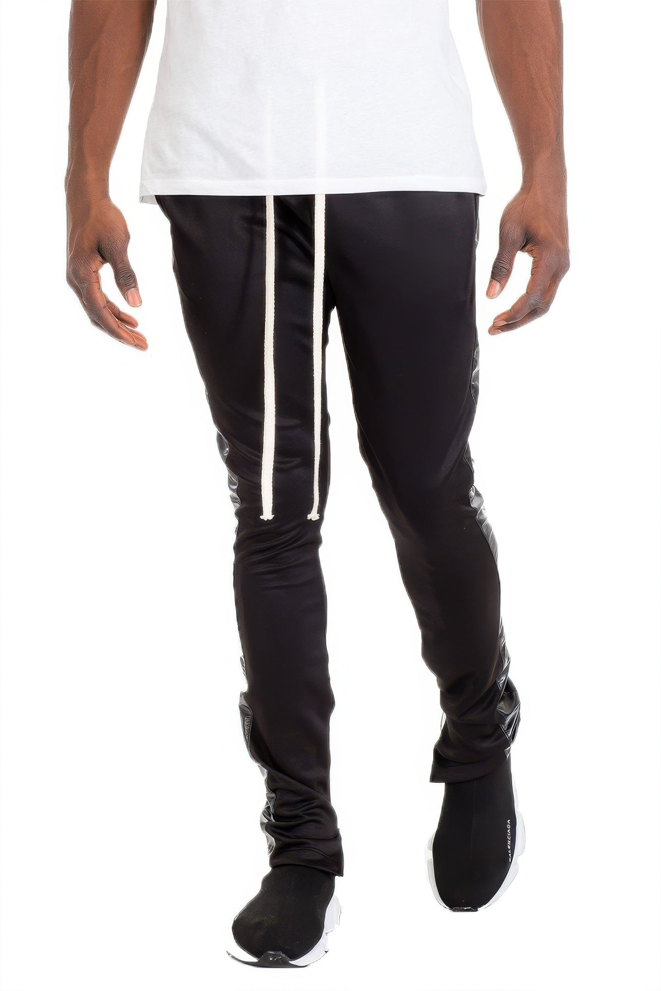 Dark Leather Tape Track Pants with white stripe drawcords at the waist and cuffs