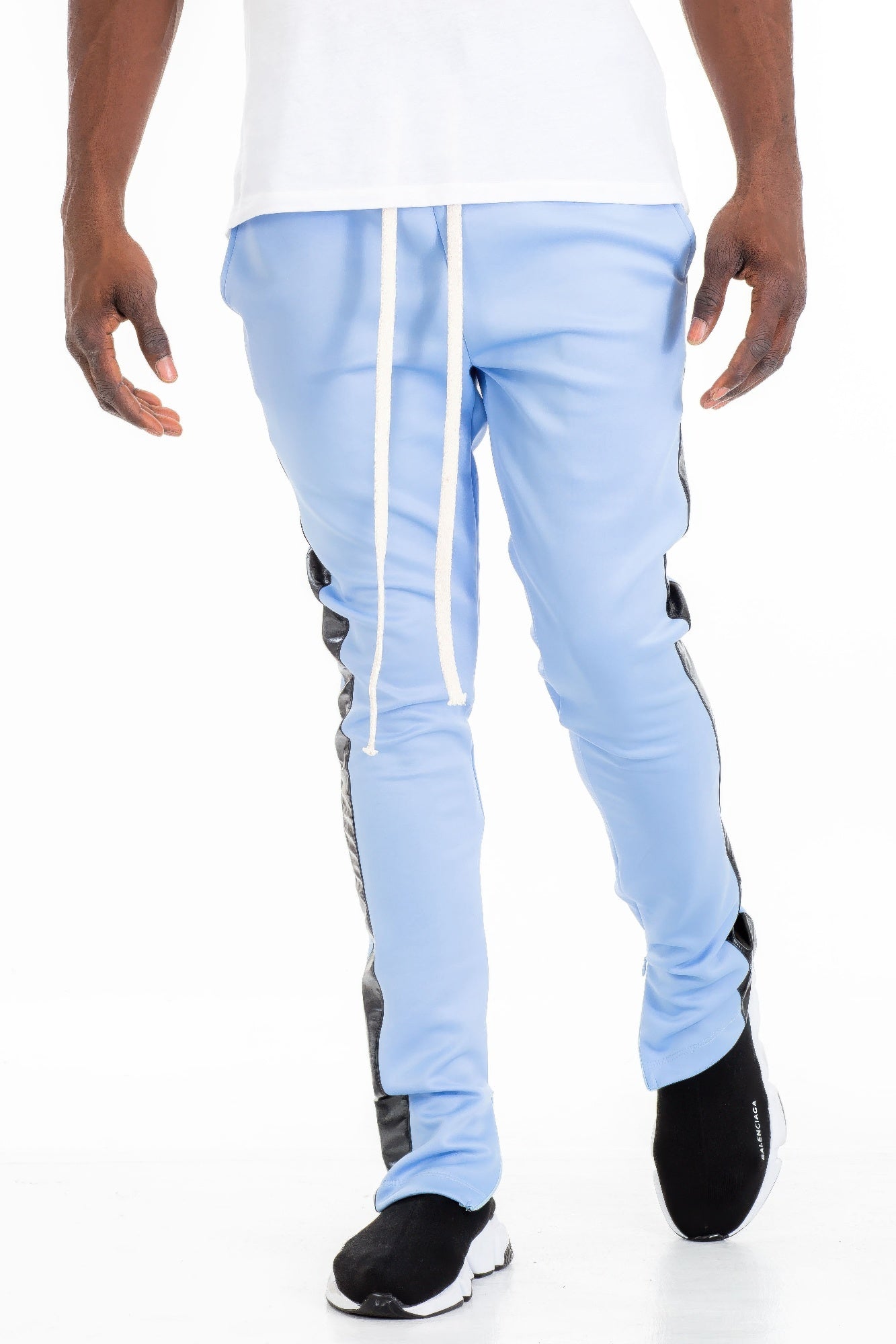 Light-blue Leather Tape Track Pants with white side stripe and drawstring waist