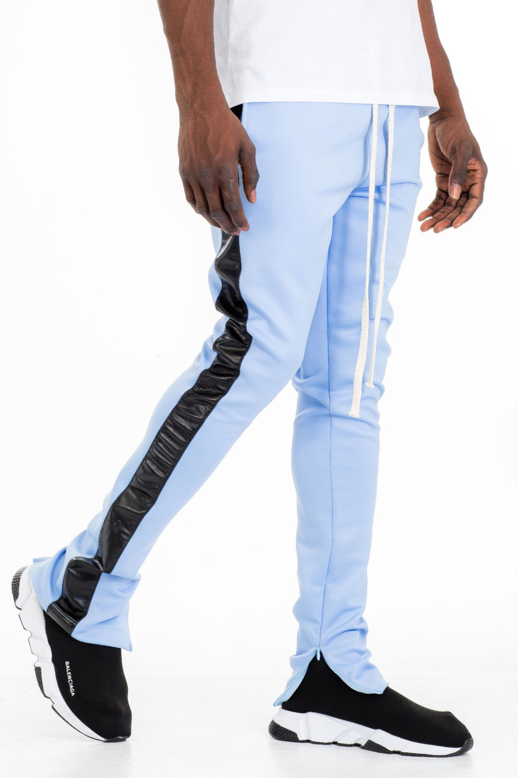 Light-blue Leather Tape Track Pants with black tape panels on the outer legs