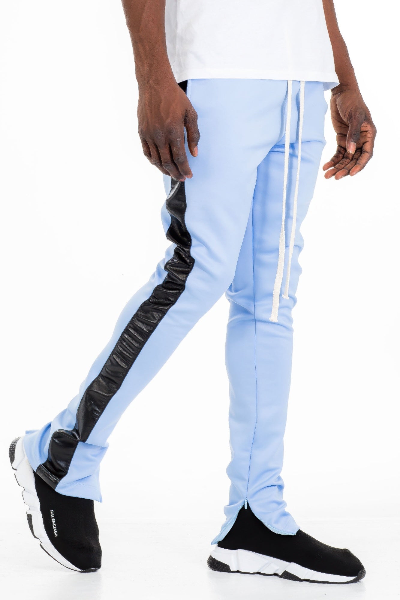 Light-blue Leather Tape Track Pants with black tape panels on the outer legs