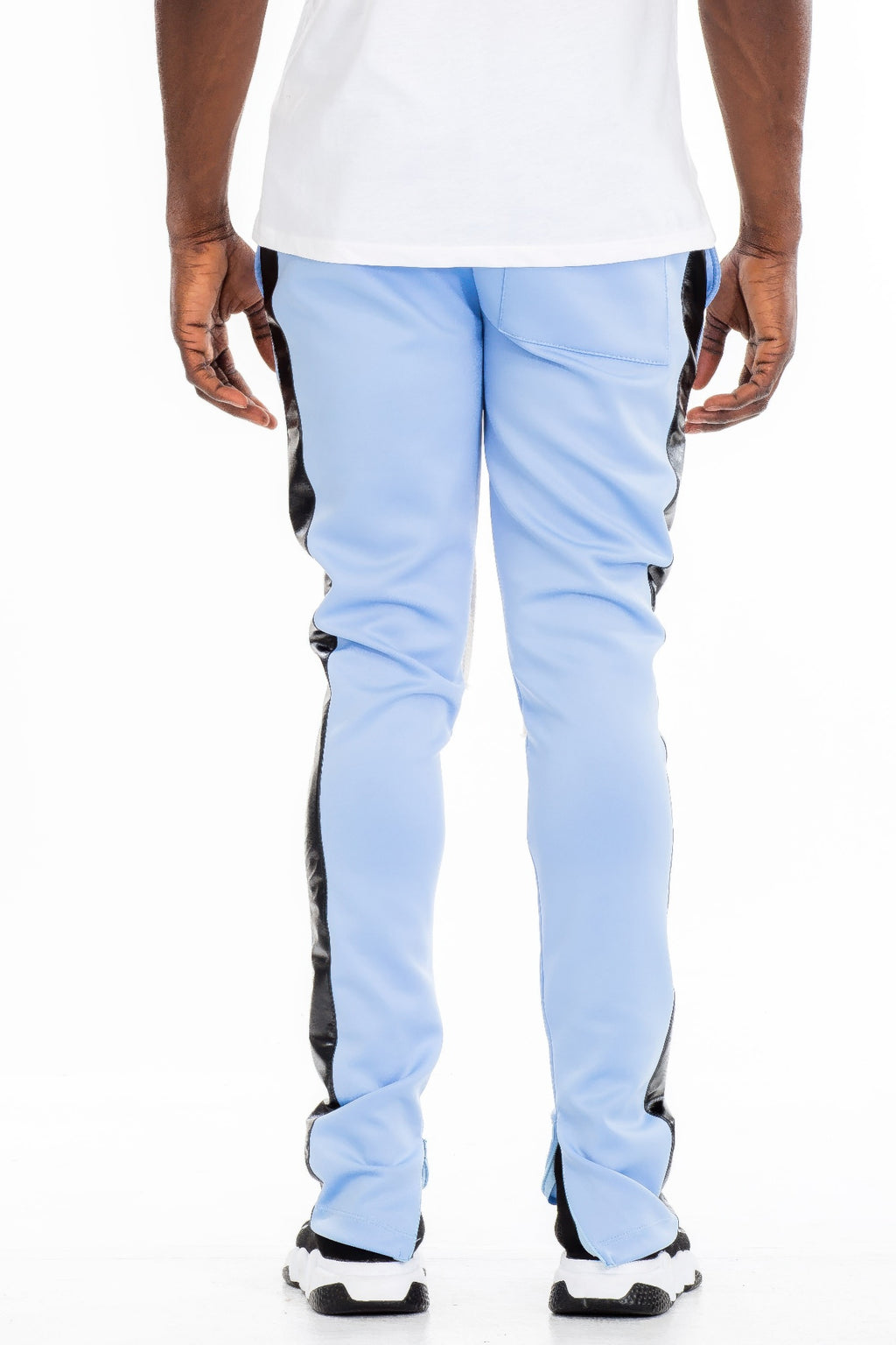 Light-blue Leather Tape Track Pants with black side paneling and white drawcord ties