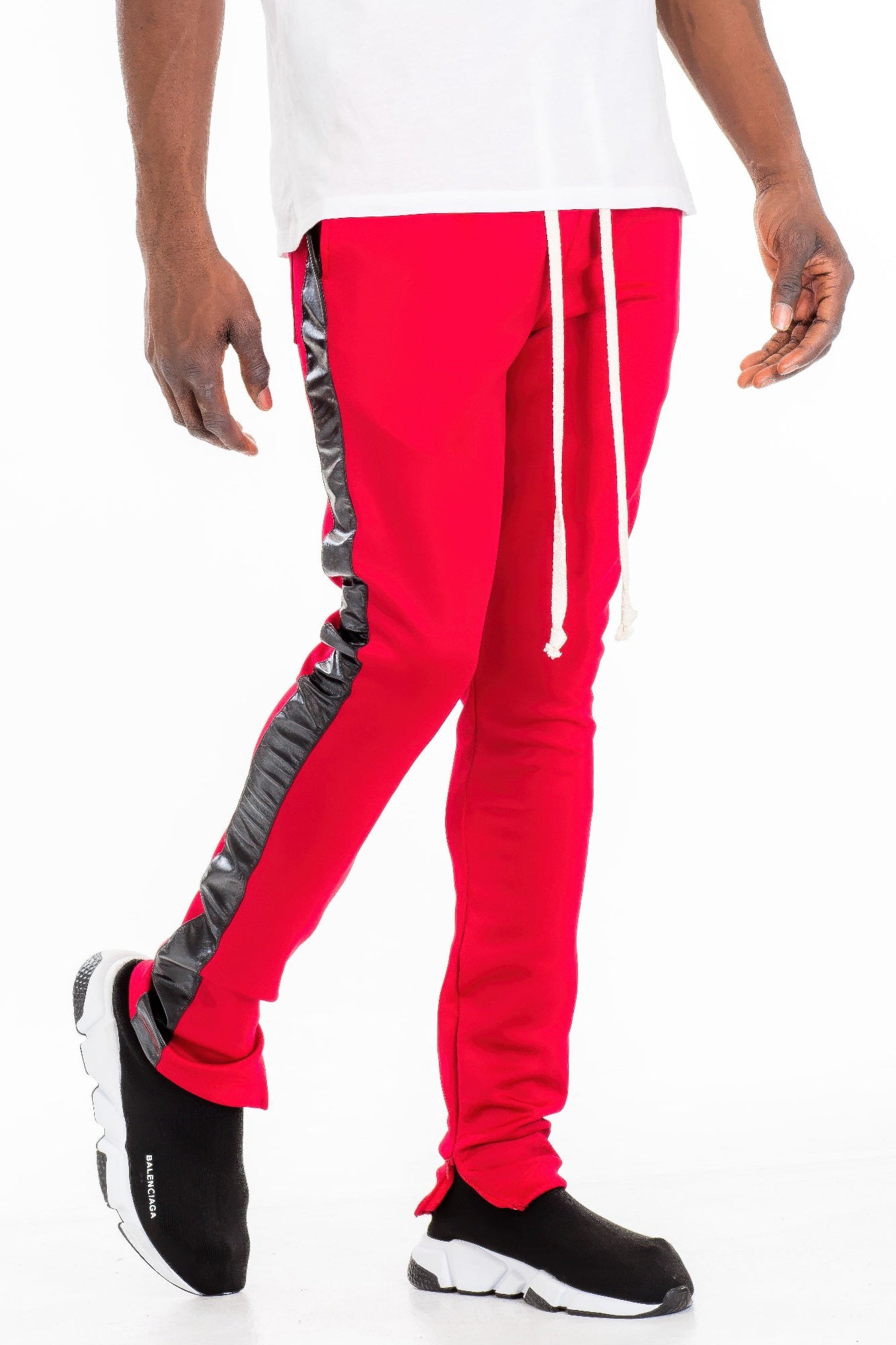Red Leather Tape Track Pants with black outer leg panels and white vertical stripe