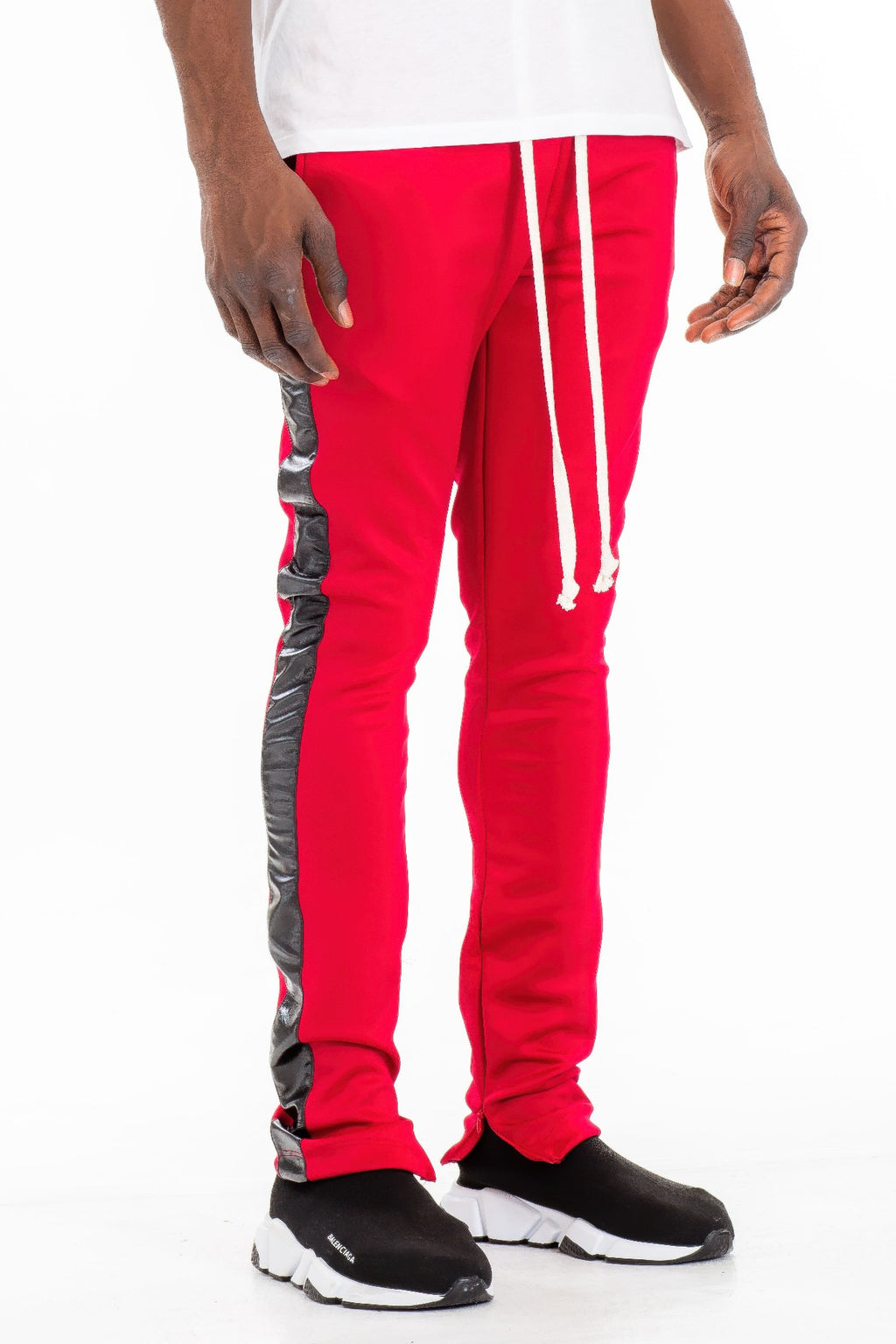 Red Leather Tape Track Pants with black side accents and white drawstring cords
