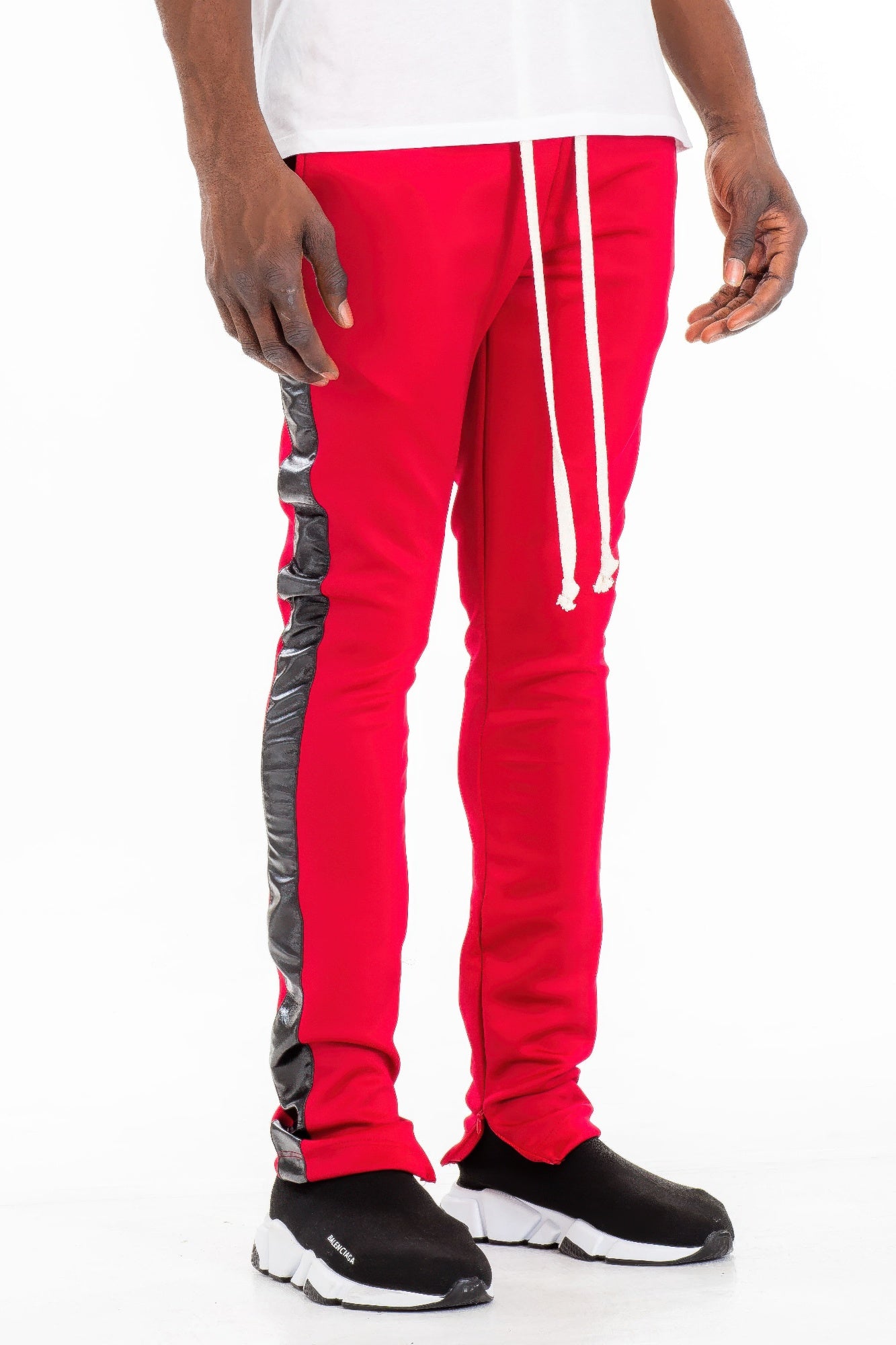 Red Leather Tape Track Pants with black side accents and white drawstring cords