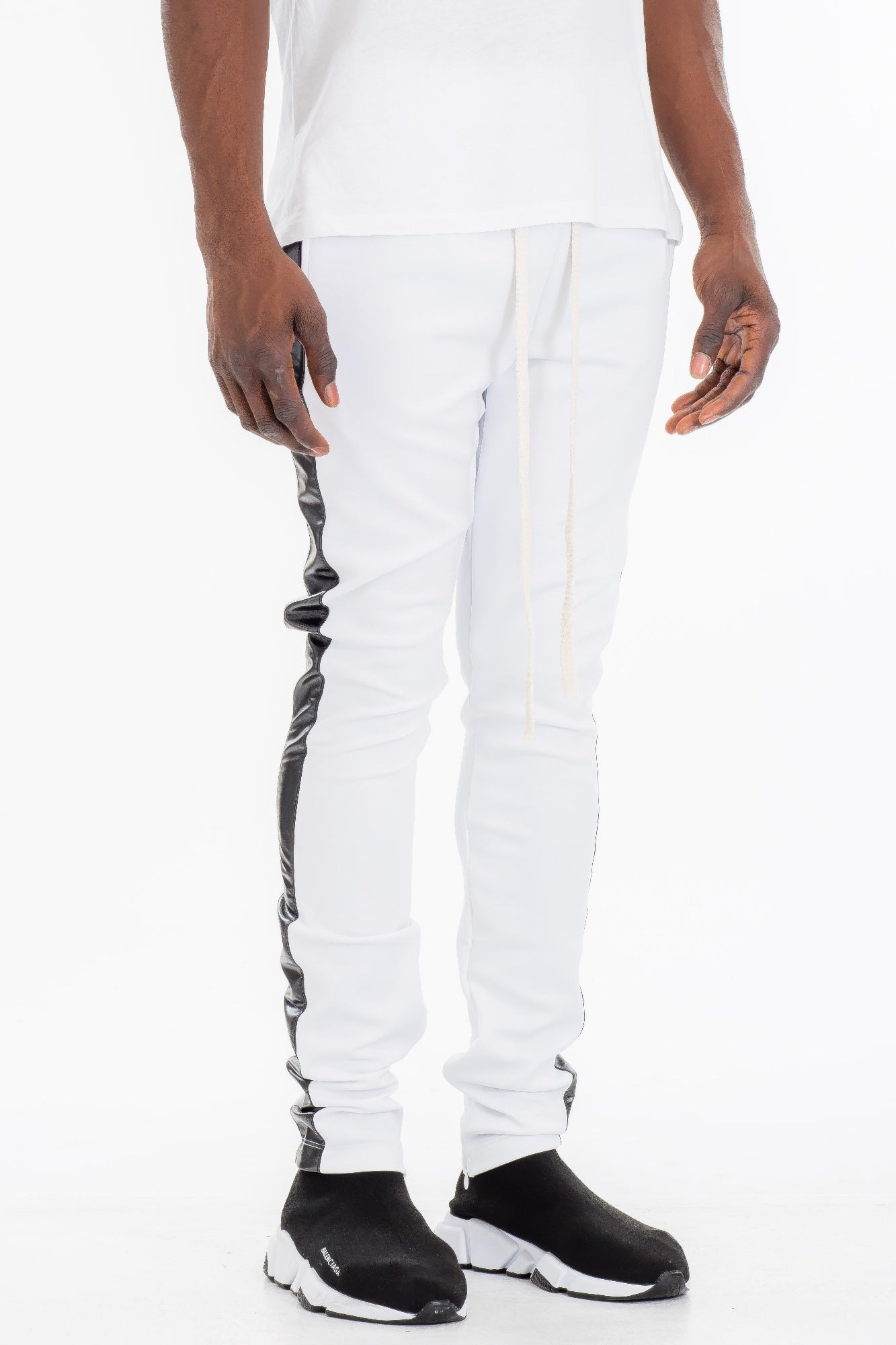 White Leather Tape Track Pants with black side tape accents and white drawcords