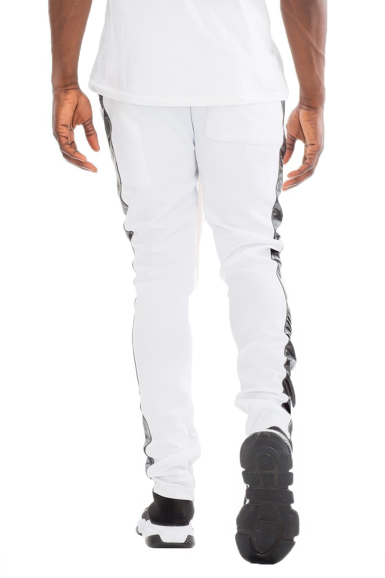 White Leather Tape Track Pants with black tape detailing near the knees and cuffs