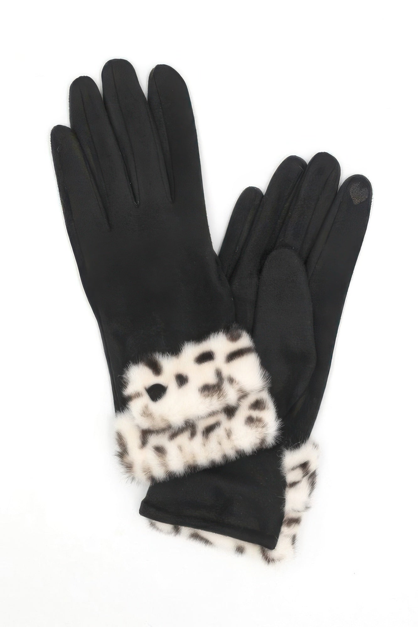 Black leopard faux-fur cuff smart touch gloves with heart-texture thumb