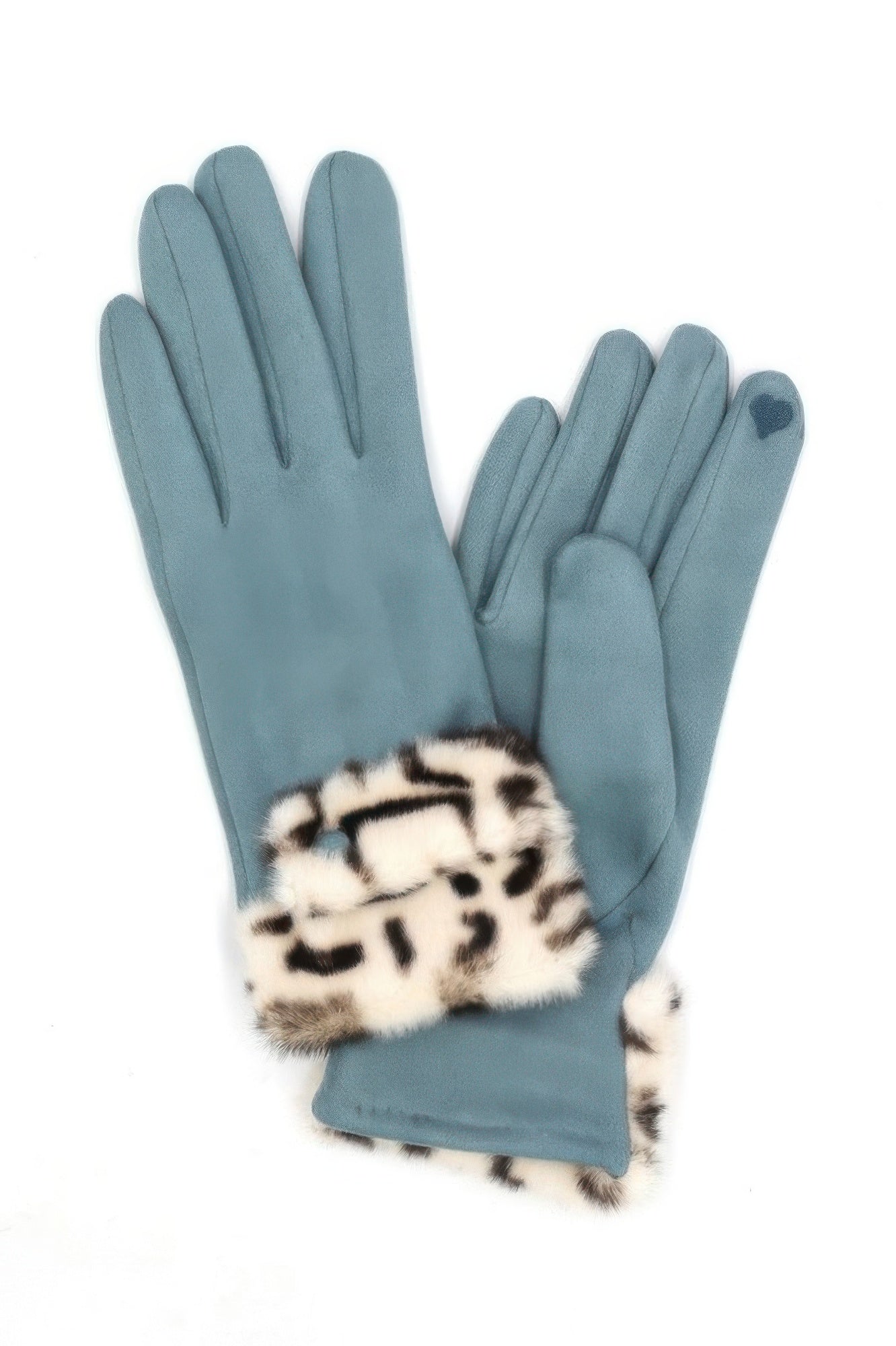 Dusty blue suede-look gloves with leopard faux-fur cuff and smart touch tips